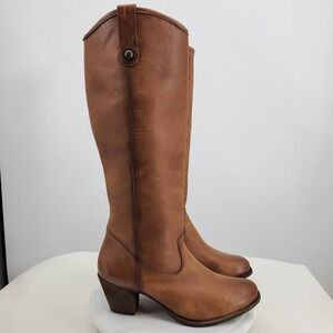 Frye Jackie Button Riding Boots Brown Leather Knee High Block Heel 9.5
